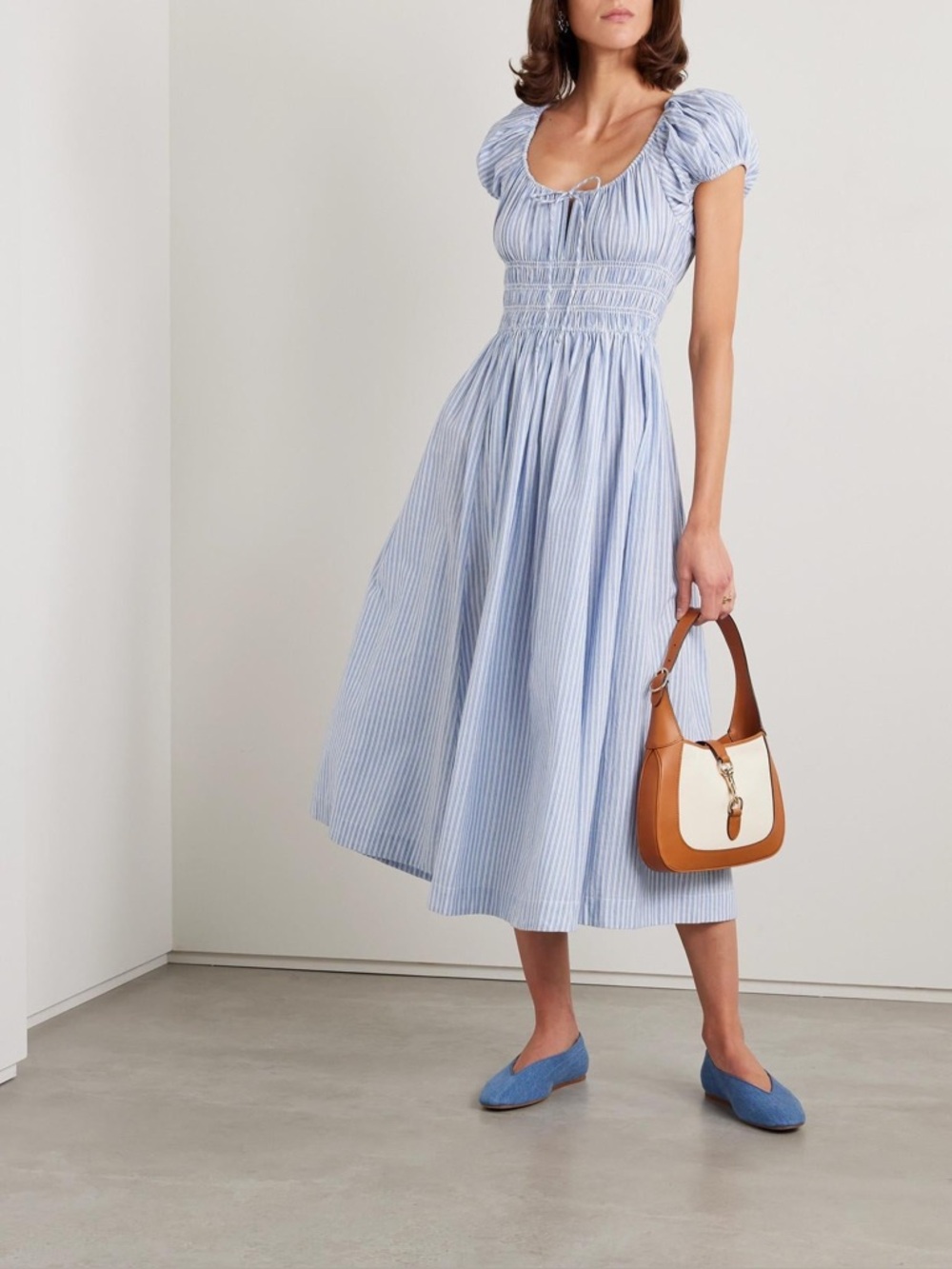 Doen Light Blue and White Striped Smocked Midi Dress - Picture 2 of 10
